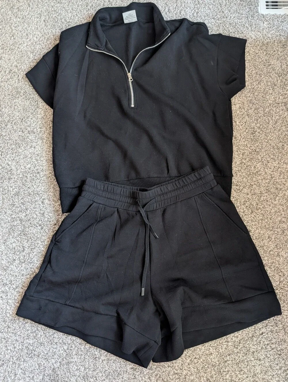 Varley Set- Black Short Sleeve Quarter-Zip Top & Drawstring Shorts Set - Picture 1 of 7